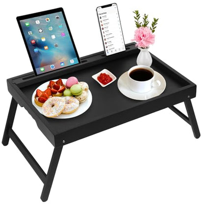 Artmeer Bamboo Bed Tray Table with Device Slot, Folding Legs, Large, Black | FSC-certified bamboo bed tray with folding legs, device slot and handles for meals, laptops, reading and serving in bed. - color: Black, size: Large