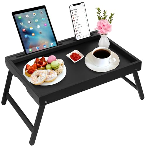 Artmeer Bamboo Bed Tray Table with Device Slot, Folding Legs, Large, Black | FSC-certified bamboo bed tray with folding legs, device slot and handles for meals, laptops, reading and serving in bed. - color: Black, size: Large