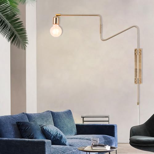 Industrial Brass Plug in Swing Arm Wall Sconces, Set of 2 | Modern Adjustable Rotatable Bedside Lamp Over Bed Wall Mount Lighting Fixturefor Bedroom, Living Room& Nightstand - color: D-Gold-2 Pack