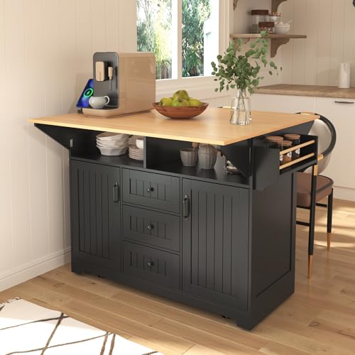55.7'' Large Kitchen Island with 2 Drop Leaf, Rolling Kitchen Cart on 5 Wheels with Power Outlet, Folding Dining Table with Spice & Towel Rack, 3 Drawers, for Kitchen, Dining Room,Black - color: Black 2 Drop Leaves, size: 55.7"
