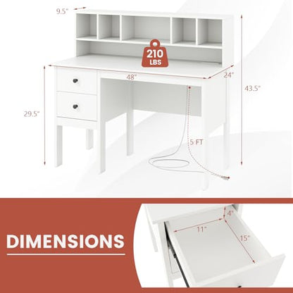 Tangkula White Desk with Drawers & Hutch, Modern Home Office Desk Writing Study Desk with Charging Station, Laptop Desk with 5 Storage Compartments, Computer Workstation Makeup Vanity Desk - color: White