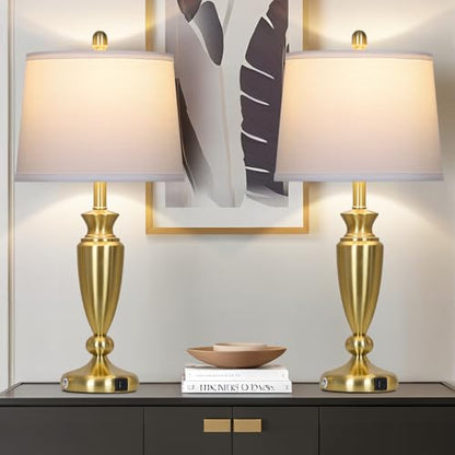 Rinweey 27'' Gold Table Lamps for Living Room with White Lampshade, 3 Way Touch Control Bedside Lamps Set of 2 with USB A+C Ports, Modern Metal Nightstand Lamp for Bedroom Office End Table - color: Gold-27"H