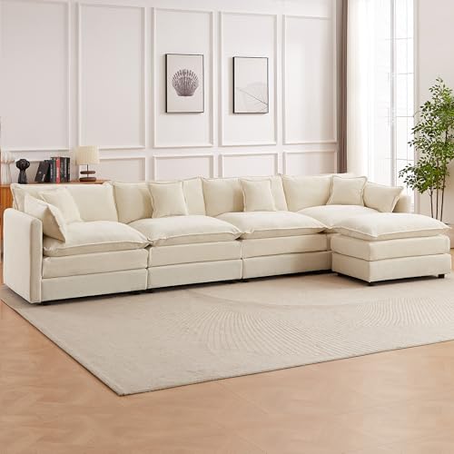 Modular Sectional Sofa, 147.2 Inch L Shaped Couch Set with Armrests, 4-Seater Comfy Cloud Couches with Movable Ottoman for Living Room Apartment, Beige - color: Beige, size: 147.2'' - L Shape