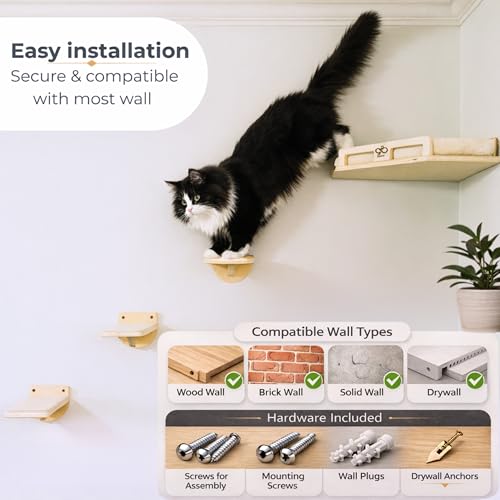 Cat Wall Shelves, Solid Wood Corner Bed, 3 Steps, Up to 25 lb, Wood | Cushion included; 2 washable covers, cotton and plush; secures across two walls - color: Natural Wood