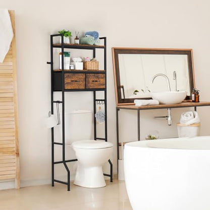 YBING Over The Toilet Bathroom Storage Cabinet for Freestanding, Above Toilet Shelf with Fabric Drawer, Tall Bathroom Shelf Organizer with Toilet Paper Holder, Brown - color: Brown