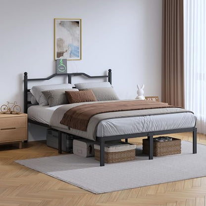 SHOANED 14 Inch Metal Bed Frame - Full Size Heavy Duty Bedframe with Charging Station & Headboard Basic Steel Slats Platform No Box Spring Needed/Easy Assembly/Noise Free - size: Full, style: 14 Inch with Charging Station