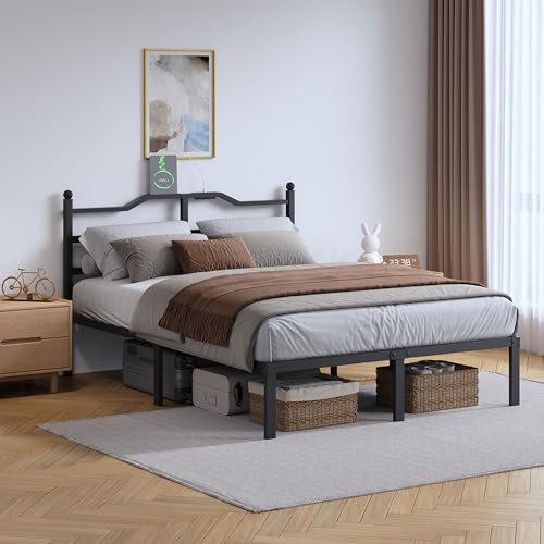 SHOANED Metal Bed Frame with Charging Station - 14 Inch King Size Heavy Duty Bedframe with Headboard Black Basic Steel Slats Platform No Box Spring Needed/Noise Free - size: King, style: 14 Inch with Charging Station