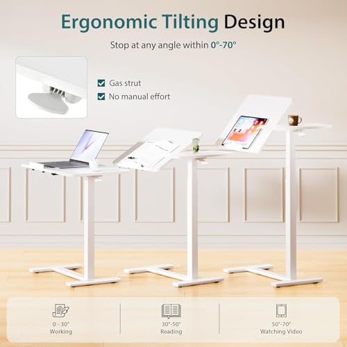 Simple Deluxe Overbed Bedside Table with Hidden Casters, Height Adjustable Desk with Tilting Top, Mobile Rolling Laptop Desk, Standing Rolling Desk Hospital Home Use, White - color: White, style: Tiltable