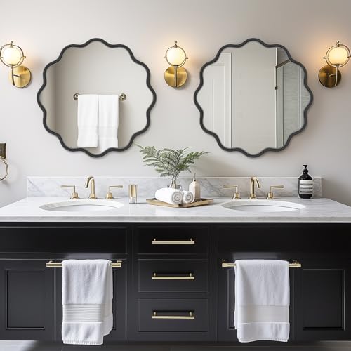 PROHOMEWARE Black Round Mirror 24 Inch Wavy Bathroom Vanity Mirror Black Frame Modern Wall Mirror Decorative Wall-Mounte Anti-Rust, Tempered Glass - color: Black, size: 24"L x 24"W
