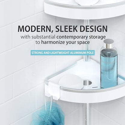 Better Living HiRise 3 Standing Corner Shower Caddy, White | Adjustable 3 Large Baskets, Aluminum Rustproof Bathroom Shower Organizer with Storage Hooks, No Drill, Shower Organizer