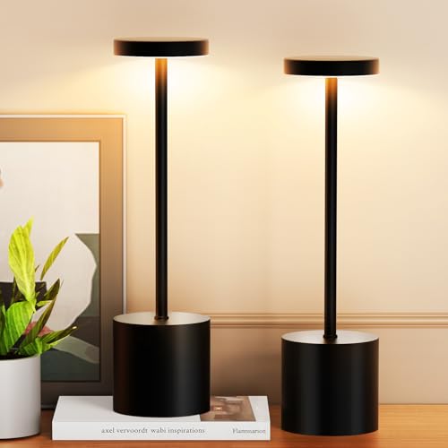 Cordless Table Lamp Set of 2, 5000mAh Rechargeable Lamp with Touch Control & Stepless Dimming, 3 Light Modes, IP54 Waterproof Portable Light for Dining Table, Patio, Bedroom, Power Outage (Black) - color: Black (Set of 2)