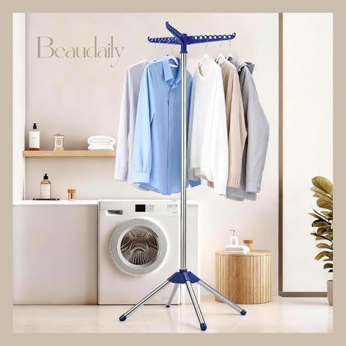 Beaudaily Clothes Drying Rack, Foldable Laundry Drying Rack, Indoor 59-Inch Drying Rack Clothing with 3 Rotatable Arms, Stainless Steel, Holds 27 Pieces, Space Saving, Portable, Blue and Silver - color: Blue + Silver, size: 1-Tier