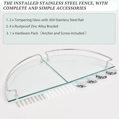 2 Ties Glass Corner Shelf with SUS 304 Stainless Steel Rail Chrome Finished, Esquinero para baños, Rustproof Tempered Glass Shelf, Shower Caddy Organizer 9.8" x 9.8" - size: 2 PACK With Rail
