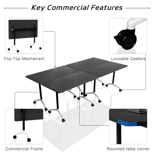 Folding Conference Table with Wheels Set of 6, Modular Conference Room Table for 6-12 Person Meetings, Flip Top Rolling Training & Classroom Tables, Nesting Office Tables - color: Black, size: 71 in
