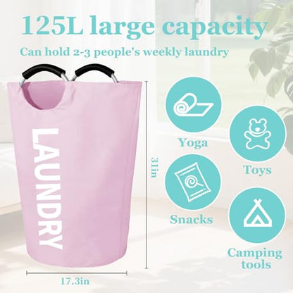 WOOHA 125L Large laundry basket,Collapsible laundry hamper, Tall Clothes Baskets Folding Washing Bin Foldable Fabric Hamper Bags for Bedroom, Closet,Bathroom,College,laundry bag,pink - color: Pink, size: 125L-XXXL