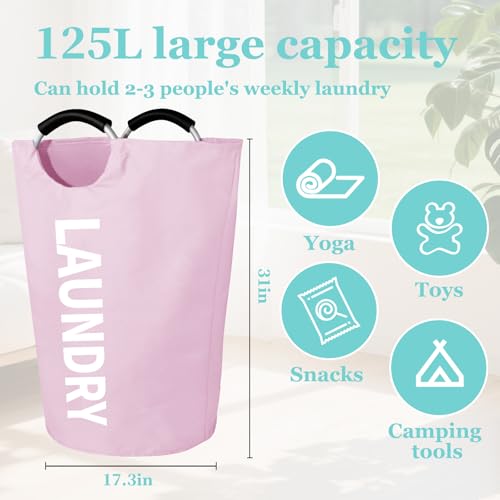 WOOHA 125L Large laundry basket,Collapsible laundry hamper, Tall Clothes Baskets Folding Washing Bin Foldable Fabric Hamper Bags for Bedroom, Closet,Bathroom,College,laundry bag,pink - color: Pink, size: 125L-XXXL