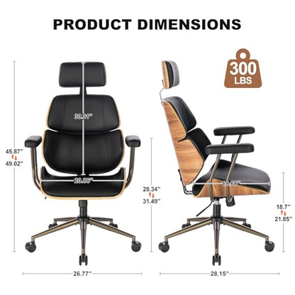 Mid Century Walnut PU Leather High Back Office Chair with Headrest, Black | Curved walnut back & seat, high-back with headrest, PU leather, padded armrests, executive swivel & rolling for home office - color: Black, size: 2-Section Back / Headrest