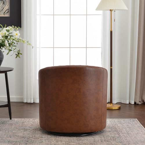 KINWELL 29" W Faux Leather Tufted PU Swivel Barrel Accent Chair, Brown | No Assembly Vegan Leather Upholstered Swivel Club Chair with Nailhead Trim, Modern Armchair for Small Spaces Apartment - color: Saddle Brown, style: Set of 1