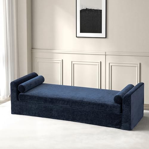 Aoiy & Wifon 90.6" W Chaise Lounge Chair Indoor, Upholstered Oversized End of Bed Bench with Arms & Pillows, Chenille Single Sleeper Long Sofa for Living Room, Bedroom, Window Seat (Navy) - color: Navy