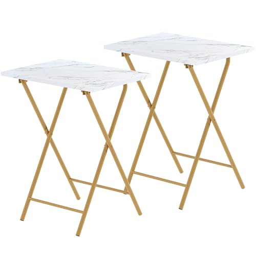 Folding TV Tray Table Set of 2, Portable Foldable TV Dinner Tray, Space-Saving Snack Serving Sofa Side Table, Easy to Fold Stable TV Trays for Living Room, Bedroom, Small Spaces (White Marble + Gold) - color: White Marble + Gold, size: 2 PCS