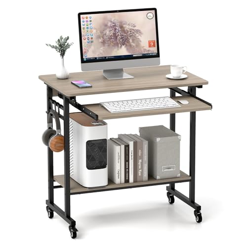 Tangkula Rolling Computer Desk Cart with Keyboard Tray, Mobile Portable Laptop PC Desk with CPU Stand & 3 Hooks for Sofa & Bed, Compact Small Desk on Wheels for Small Spaces (Grey) - color: Grey