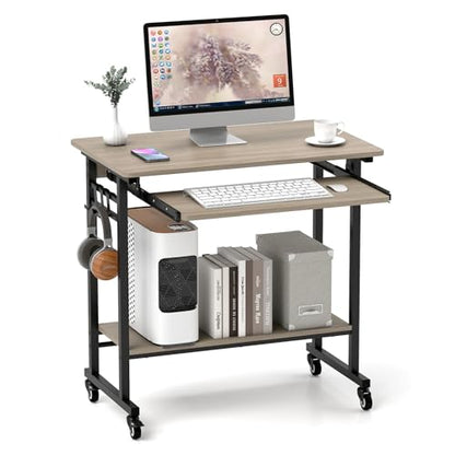 Tangkula Rolling Computer Desk Cart with Keyboard Tray, Mobile Portable Laptop PC Desk with CPU Stand & 3 Hooks for Sofa & Bed, Compact Small Desk on Wheels for Small Spaces (Grey) - color: Grey