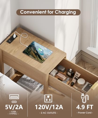 Akxomel Narrow Nightstand with Charging Station Fluted Table Walnut | Wooden Slim Bedside Table, Mid-Century Modern Night Stand with Drawer and Open Shelf, Small Side End Table, for Bedroom - color: Natural Oak, size: 21.7"D x 11"W x 23.6"H