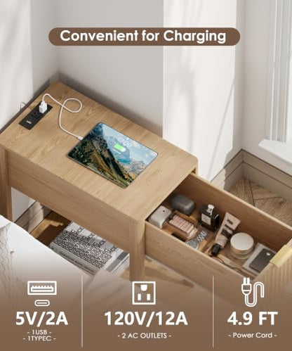 Akxomel Narrow Nightstand with Charging Station Fluted Table Walnut | Wooden Slim Bedside Table, Mid-Century Modern Night Stand with Drawer and Open Shelf, Small Side End Table, for Bedroom - color: Natural Oak, size: 21.7"D x 11"W x 23.6"H