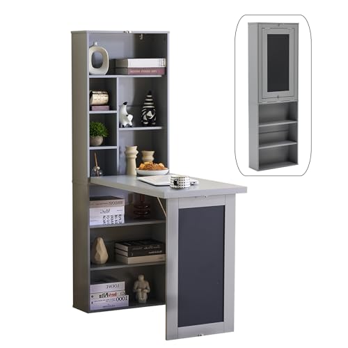 Folding Desk with Storage,Fold Out Convertible Wall Mounted Table,Grey | Space-Saving,Foldable Desk with Blackboard and Shelves, Multi-Function Desk Cabinet , Murphy Desk Home Office Workstation - color: Grey