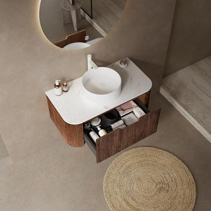 36” Floating Bathroom Vanity with Sink, Fluted Wall-Mounted Solid Wood Cabinet, White Ceramic Round Basin, Faux Marble Top, Soft-Close Drawer, Pre-Assembled, Walnut Woodgrain - color: 04 - Walnut Woodgrain, size: 36"