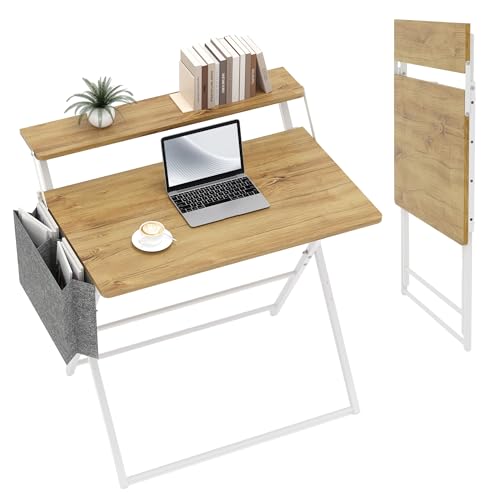 Small Desk No Assembly,31.5Inch 2-Tier Compact Computer Desk with Shelf & Side Pocket,Space Saving Foldable Table for Home Office, Bedroom or Apartment,Portable Collapsible Sturdy Laptop Desk,Oak - color: Oak