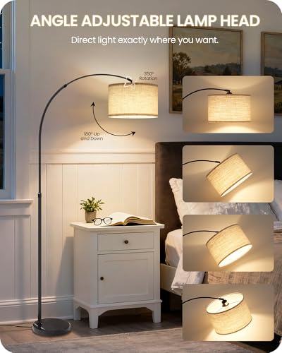 75" Arc Floor Lamp with Marble Base and Adjustable Height, Rotating Hanging Shade, Dimmable Floor Lamp for Living Room with Remote and Foot Switch, 3CCT, Over Couch Arched Reading Light E15LD05 - color: Black + Beige