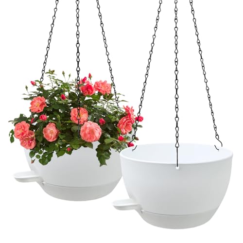 WOUSIWER Self Watering Hanging Planters, 2 Pack 10'' Plastic Pots with Drainage Holes & Reservoir Tray (White) | Indoor & Outdoor Use for Ferns, Ivy, Herbs, Succulents - color: White, size: 2 Pack 10 inches