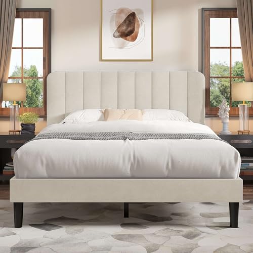 VECELO Queen Size Bed Frame with Upholstered Headboard, Velvet Platform Bedframe Mattress Foundation, Strong Wood Slat Support, No Box Spring Needed,Velvet Beige - color: Velvet Beige, size: Queen, style: Bed Frame