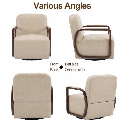 Faux Leather 360° Swivel Barrel Accent Chairs Set of 2, Upholstered Mid Century Modern Reading Lounge Chair with Wooden Armrests & Solid Rotating Metal Base for Living Room Bedroom, Cream Beige - color: Cream Beige, size: 2 Pack