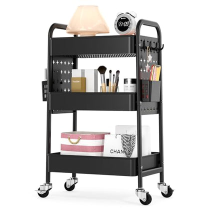TOOLF Metal Rolling Storage Cart, 3-Tier Utility Mobile Cart with DIY Pegboards, Serving Trolley Cart with Baskets Hooks, for Kitchen, Bathroom, Office, Home, Classroom (Black) - color: Black