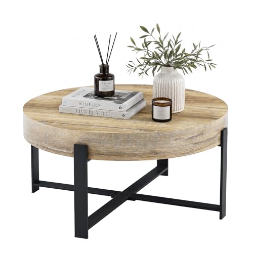 Round Coffee Table, Small Wood Coffee Table with Metal Frame, Modern Rustic Distressed Wood Grain Circle Tables Accent Center Tables for Living Room Apartment Small Space (31.5''D-Retro Natural) - color: X Retro Natural
