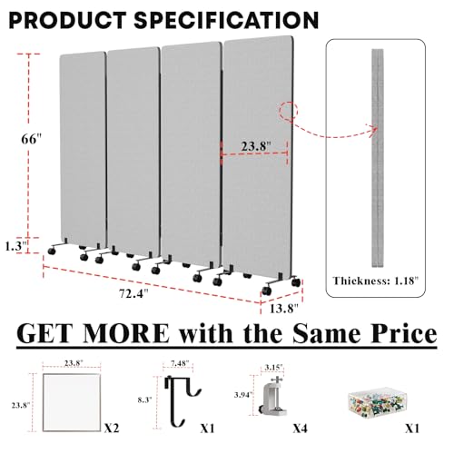 4 Panel Soundproof Room Divider W/Wheels, Office Divider with Whiteboard | 66" H with Detachable Whiteboard/Clips/Hooks/Pushpins,Wheeled Room Dividers, Easy to Move,For Conference Room Partitions - color: Grey, size: 4-Panel-with Board
