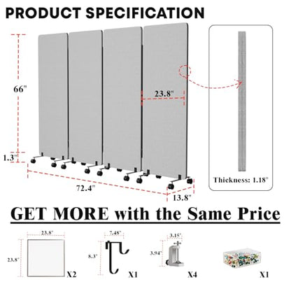 4 Panel Soundproof Room Divider W/Wheels, Office Divider with Whiteboard | 66" H with Detachable Whiteboard/Clips/Hooks/Pushpins,Wheeled Room Dividers, Easy to Move,For Conference Room Partitions - color: Grey, size: 4-Panel-with Board
