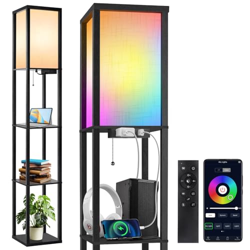 OUTON Floor Lamp with Shelves, LED Dimmable Floor Lamp with Remote & App Control, Charging Station, Color Changing, Wood Column Tall Standing Lamp for Living Room, Bedroom Office, RGB - color: Black (RGB)