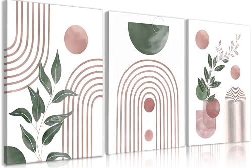 Frimeeme Pink and Green Wall Art,Large Boho Canvas Pint Set of 3，Pink And Green Abstract Leaves Wall Art Abstract Geometry Canvas Prints Ready to Hang, 12x16 Inches - color: Framed - Pink and Green Wall Art, size: 12"L x 16"W x 3Pieces