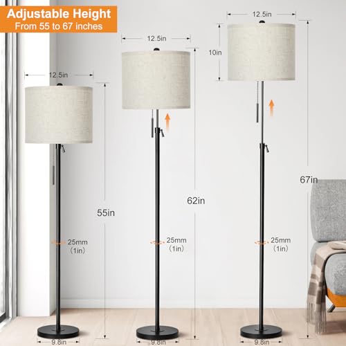 Qingmiao Adjustable Height Floor Lamp for Living Room, Black Standing Lamp for Bedroom Office, Modern Tall Lamp with Linen Shade, 3-Way Dimmable 8W 3000K LED Blub Included (Black) - color: Black (Beige Shade), size: 55"-67"