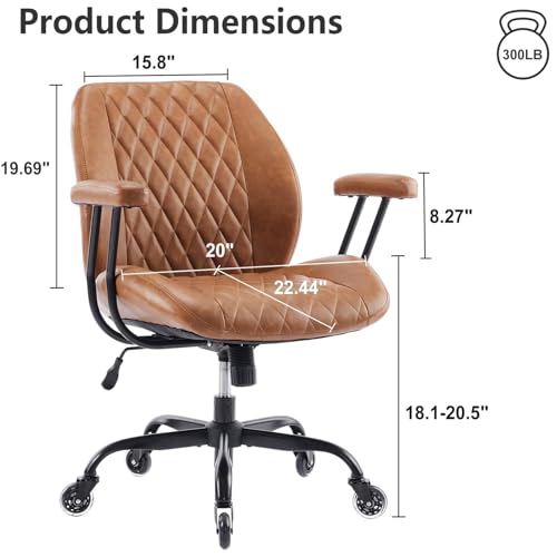 YFO Home Office Desk Chair Office Rubber Casters Ergonomic Computer Chair with Lumbar Support Adjustable Height Rolling Swivel Executive Task Armrests Chair， Brown Leather - color: Brown, size: Mid Back
