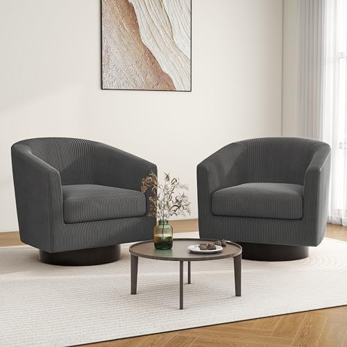Swivel Barrel Accent Chair, Comfy Reading Armchair, Charcoal, Set of 1 | Club Chairs for Adults, Low-Back Design, Modern Round Style, Solid Wood Frame & Metal Swivel Base, For Living Room & Bedroom - color: Charcoal