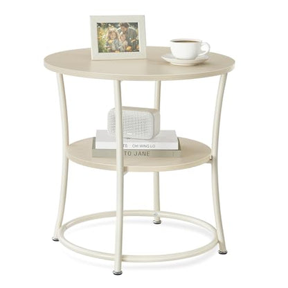 VASAGLE 21.7-Inch Round Side Table, 2-Tier End Table | Nightstand with Steel Frame, Spacious Top, for Small Spaces, Living Room, Bedroom, Natural Beige ULET056N01 - color: Natural Beige, style: Without Power Strip