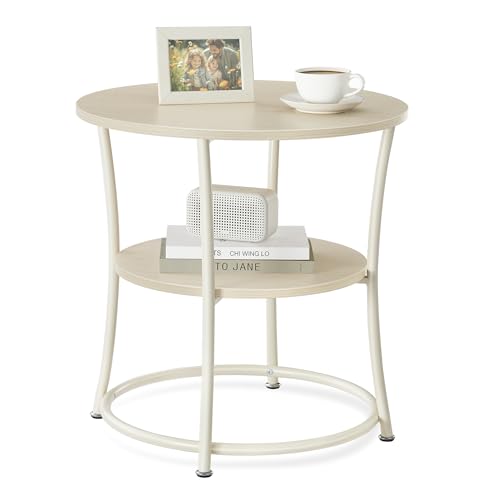 VASAGLE 21.7-Inch Round Side Table, 2-Tier End Table | Nightstand with Steel Frame, Spacious Top, for Small Spaces, Living Room, Bedroom, Natural Beige ULET056N01 - color: Natural Beige, style: Without Power Strip