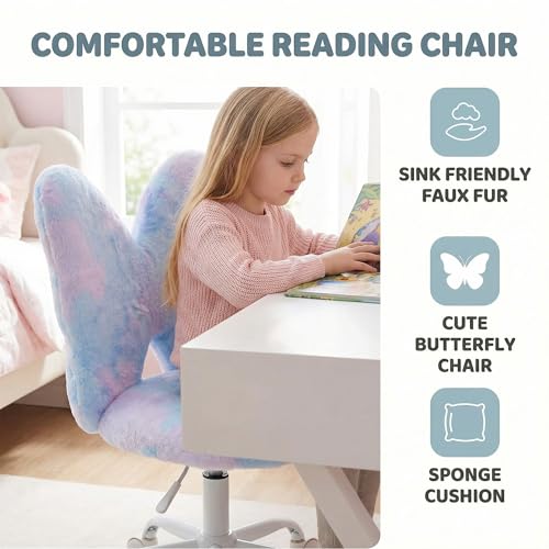 chairus Kids Desk Chair Butterfly Faux Fur Study Chair for Teenage Girls Adjustable Kids Vanity Chair for Bedroom Reading Living Room, Small Cute Student Task Chair with White Foot, Baby Blue - color: Butterfly, Blue