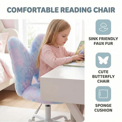chairus Kids Desk Chair Butterfly Faux Fur Study Chair for Teenage Girls Adjustable Kids Vanity Chair for Bedroom Reading Living Room, Small Cute Student Task Chair with White Foot, Baby Blue - color: Butterfly, Blue