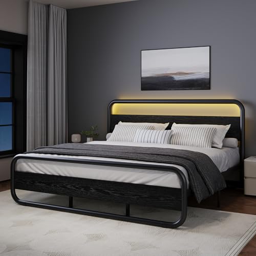 King Size Bed Frame, Wood Headboard and Footboard, LED Lights, Black | Metal Platform with Heavy Duty Metal Slats Support/12 in Under-Bed Storage/Noise-Free/No Box Spring Needed/Easy Assembly - color: Black, size: King (U.S. Standard)