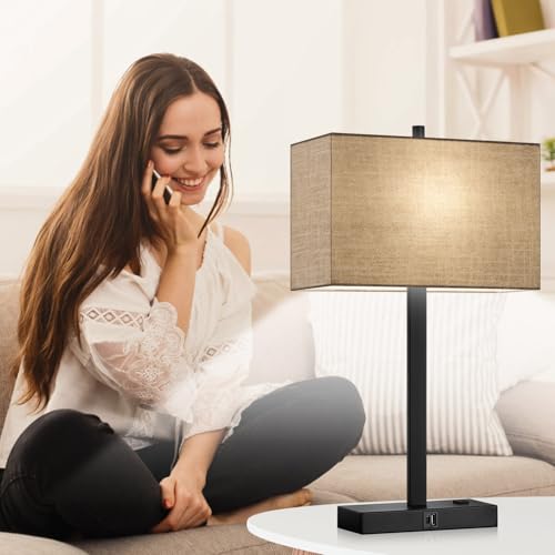 21" Set of 2 Table lamp with USB A+C & AC Outlets, Touch Control 3-Way Dimmable Nightstand Lamps for Bedroom Living Room Office Reading, Champagne Gold Shade Touch Lamps, 5000K LED Bulbs Included - color: (2 Pack)Champagne Gold & Matte Black (Base)-Two 50